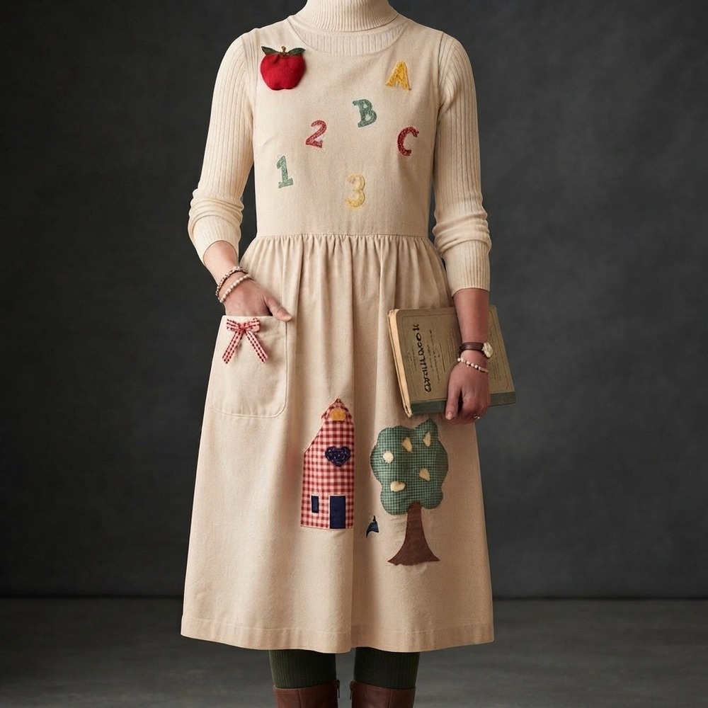 VTG Handmade Linen Teacher Jumper Dress XL 3D Applique School Kitsch Novelty